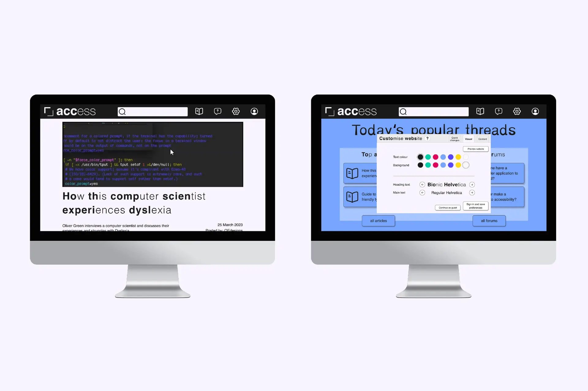 Access website pages on desktop monitor, showing an article about a dyslexic computer scientist and an accessibility overlay which allows users to change font and colours