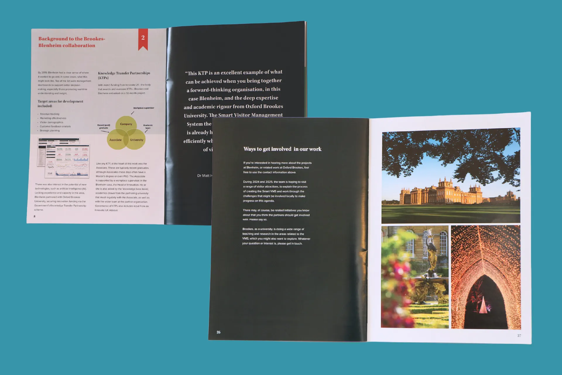 2 inside spreads of the Blenheim Palace and Oxford Brookes project brochure