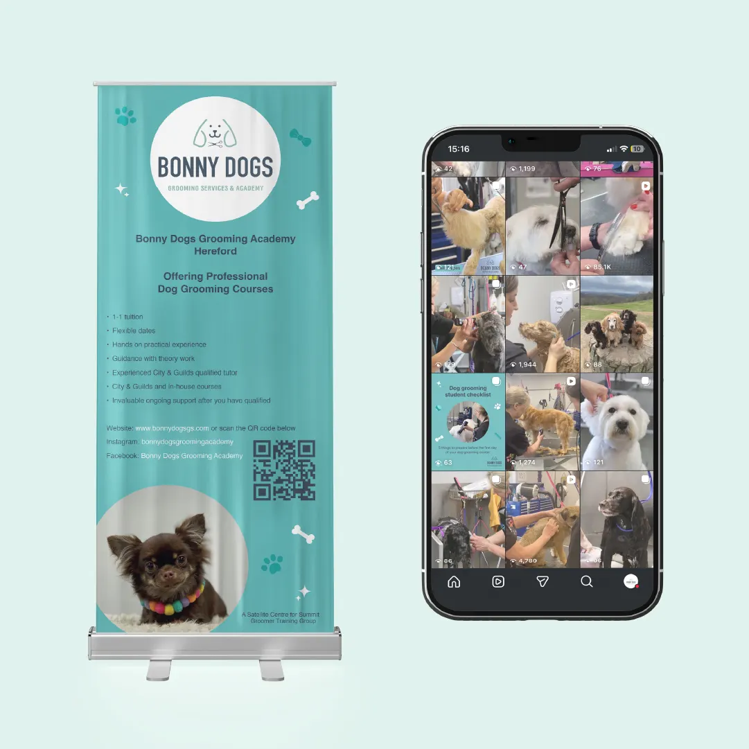 Mockup of a roll-up banner with a turquoise background, Bonny Dogs logo, and a photo of a cute brown chihuaua, next to a phone mockup showing a screenshot of the Academy Instagram page, featuring reels and informative posts