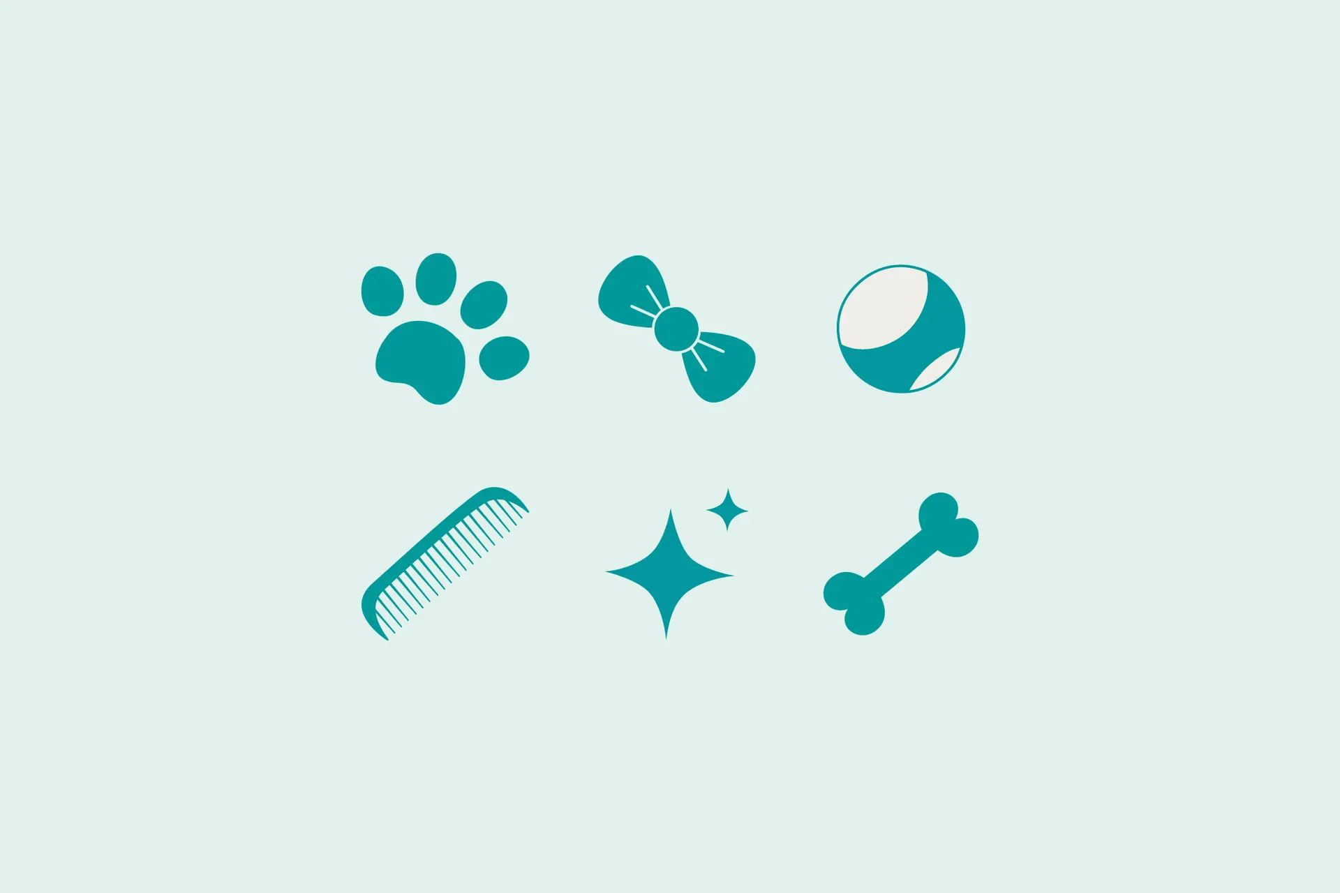 6 Bonny Dogs branded icons. A pawprint, bow, ball, comb, sparkle and bone