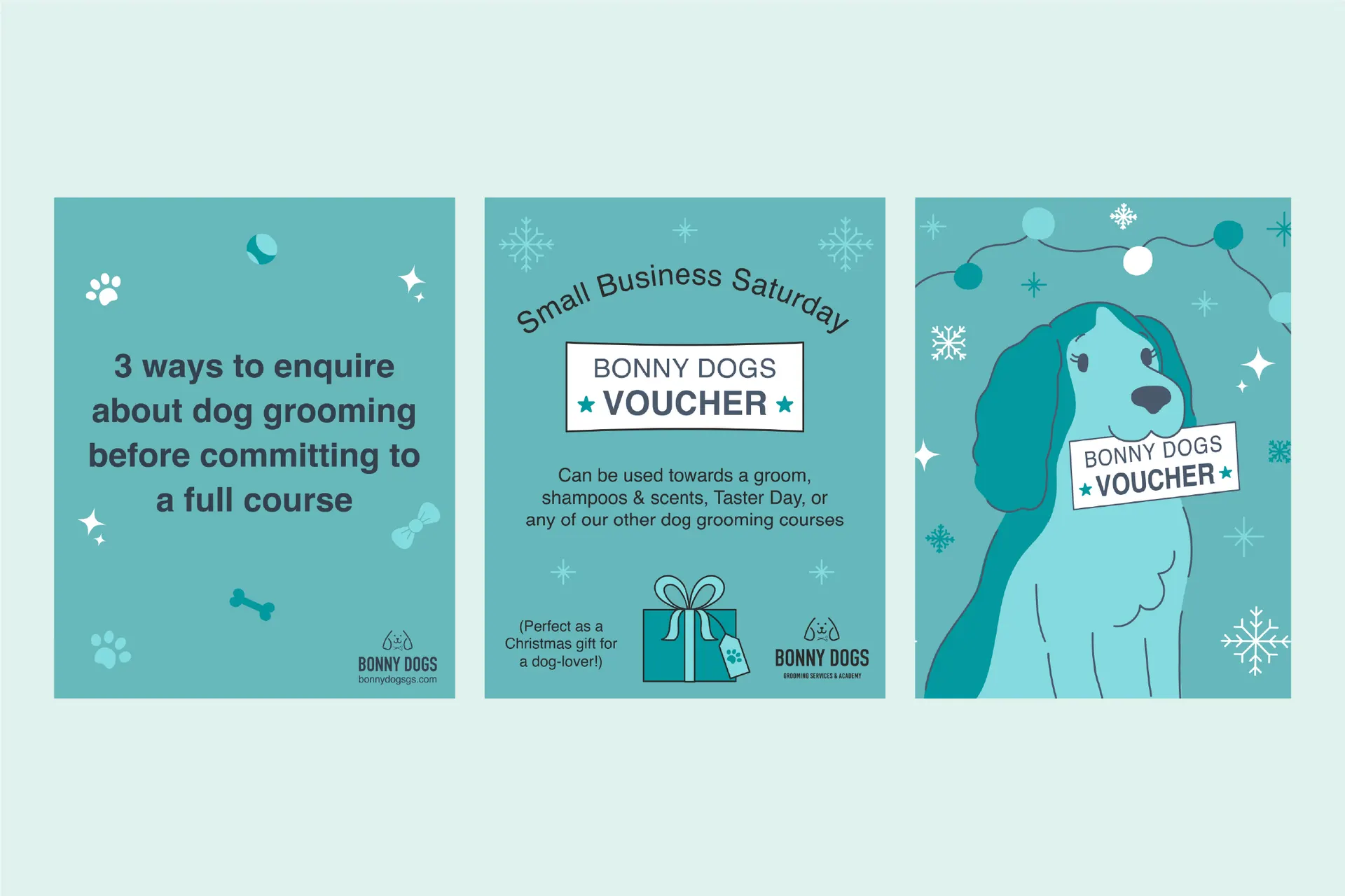 Bonny Dogs Grooming Academy social media posts styled with bespoke icons and illustrations
