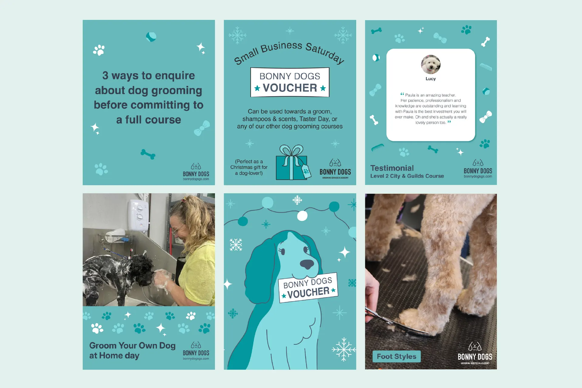 6 Bonny Dogs Grooming Academy Instagram posts, showing consistent branding and icons, accessible colour palette, and professional illustrations