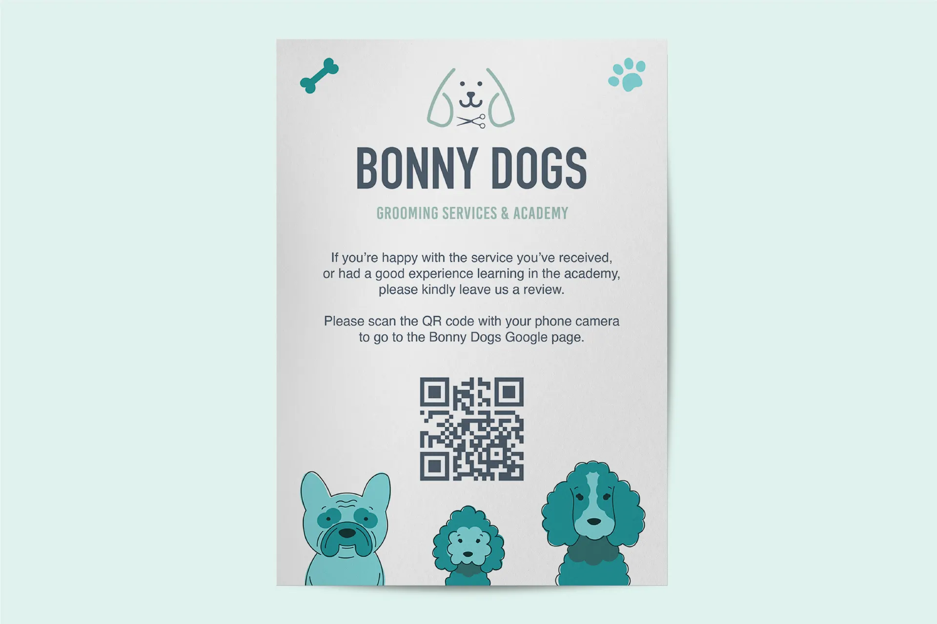 Dog Grooming Academy review poster with colourful illustrations of dogs, bone and paw print icons, and a QR code