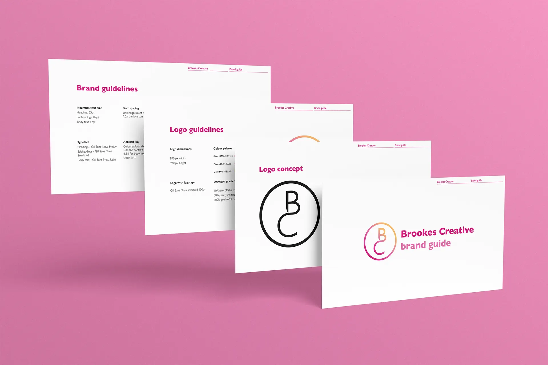 Presentation mockup showing Brookes Creative brand guidelines on a pink background