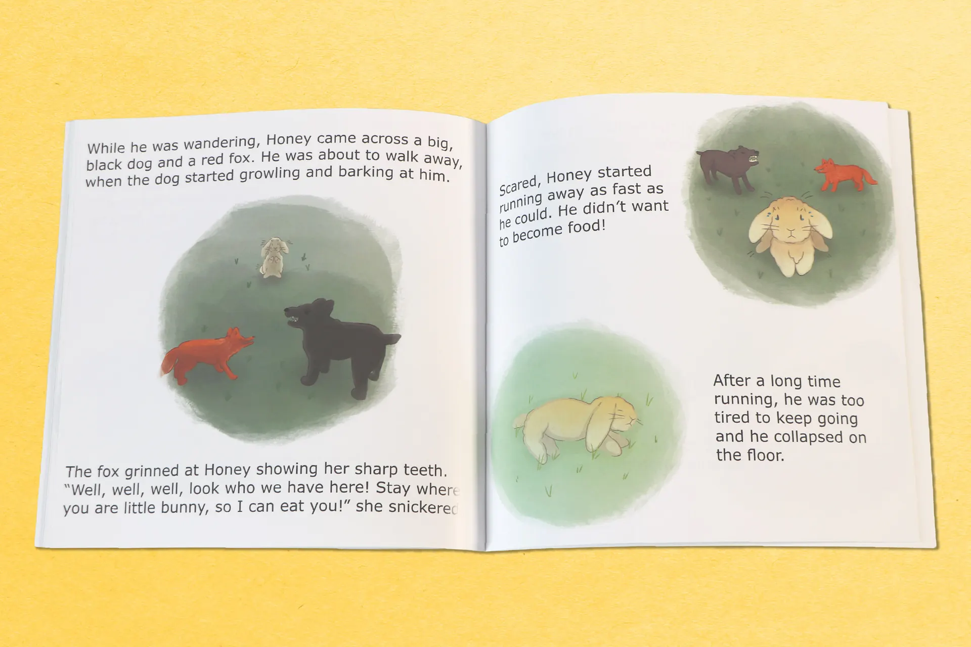 Bunny book interior double-page spread, showing Honey being chased by a scary fox and big dog, running away before passing out