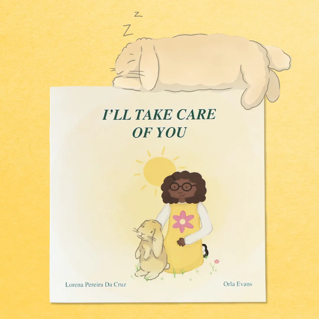 Bunny book cover illustration featuring Honey the rabbit and her owner, with an illustration of Honey sleeping on top of the book