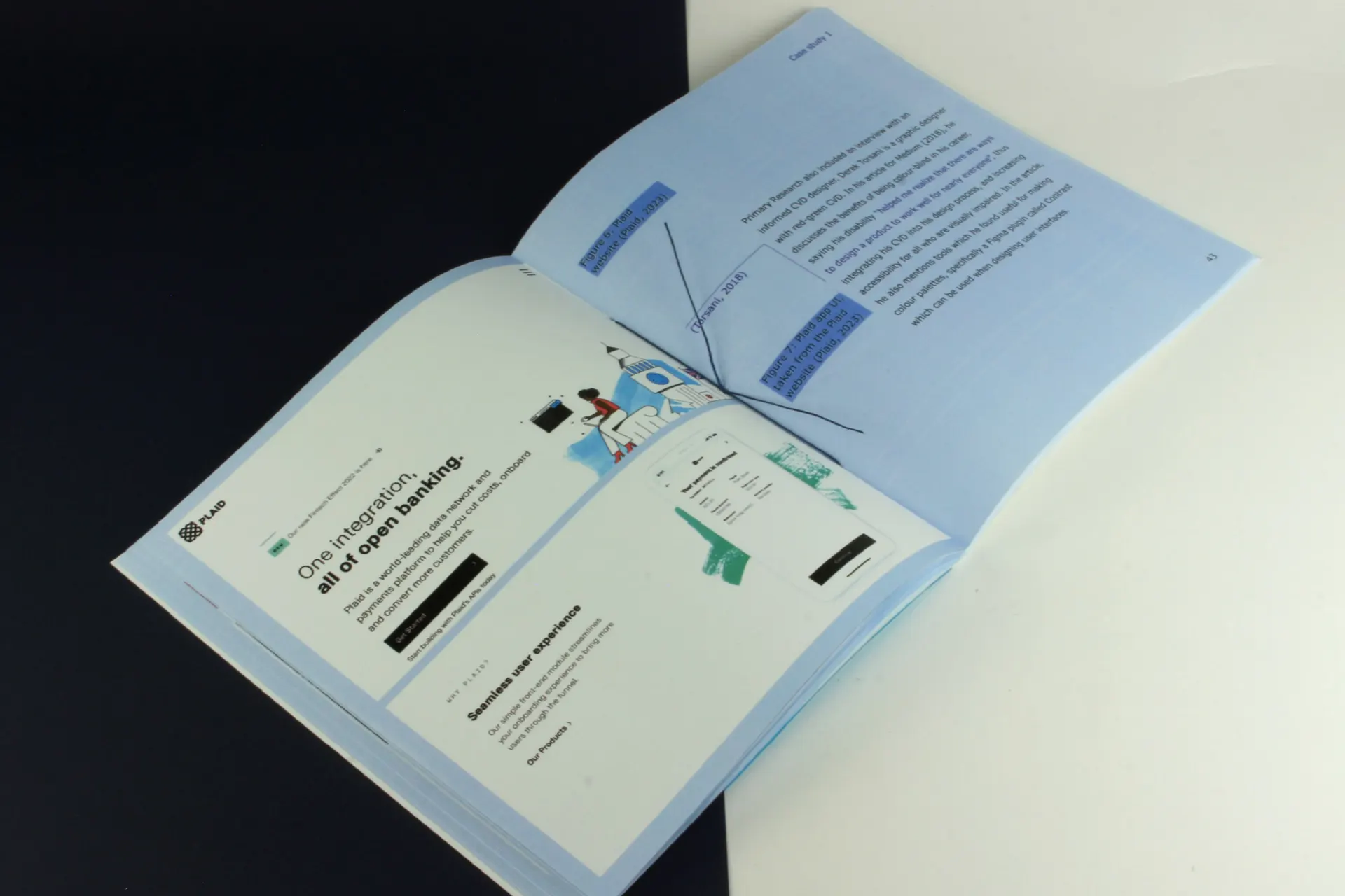 Double-page spread of inside dissertation, showing neatly tied saddle-stitch binding, 2 images of websites and text on a light blue paper