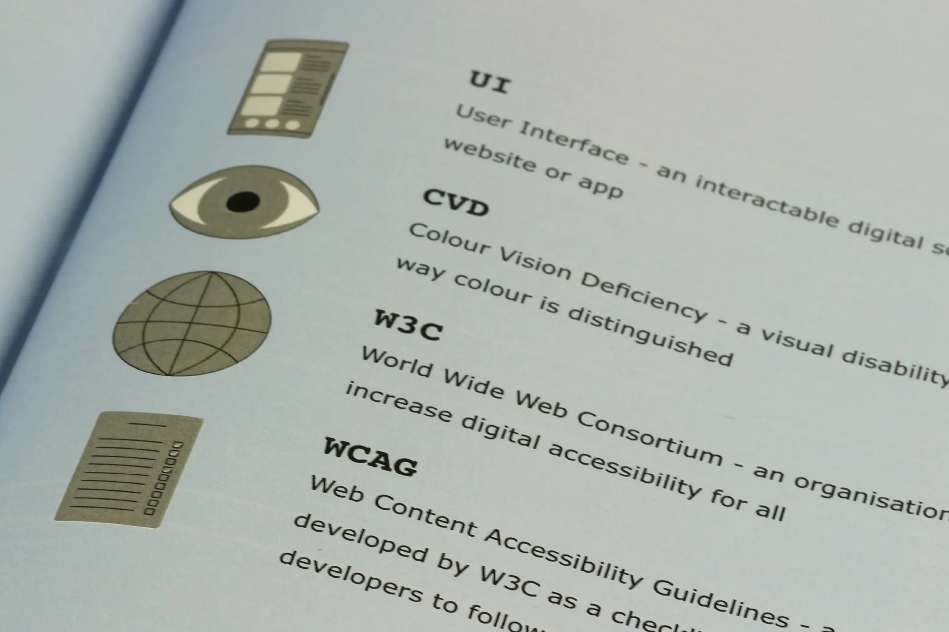 Close-up of the glossary of the dissertation showing grey icons next to word definitions, including an icon of an eye next to colour vision deficiency