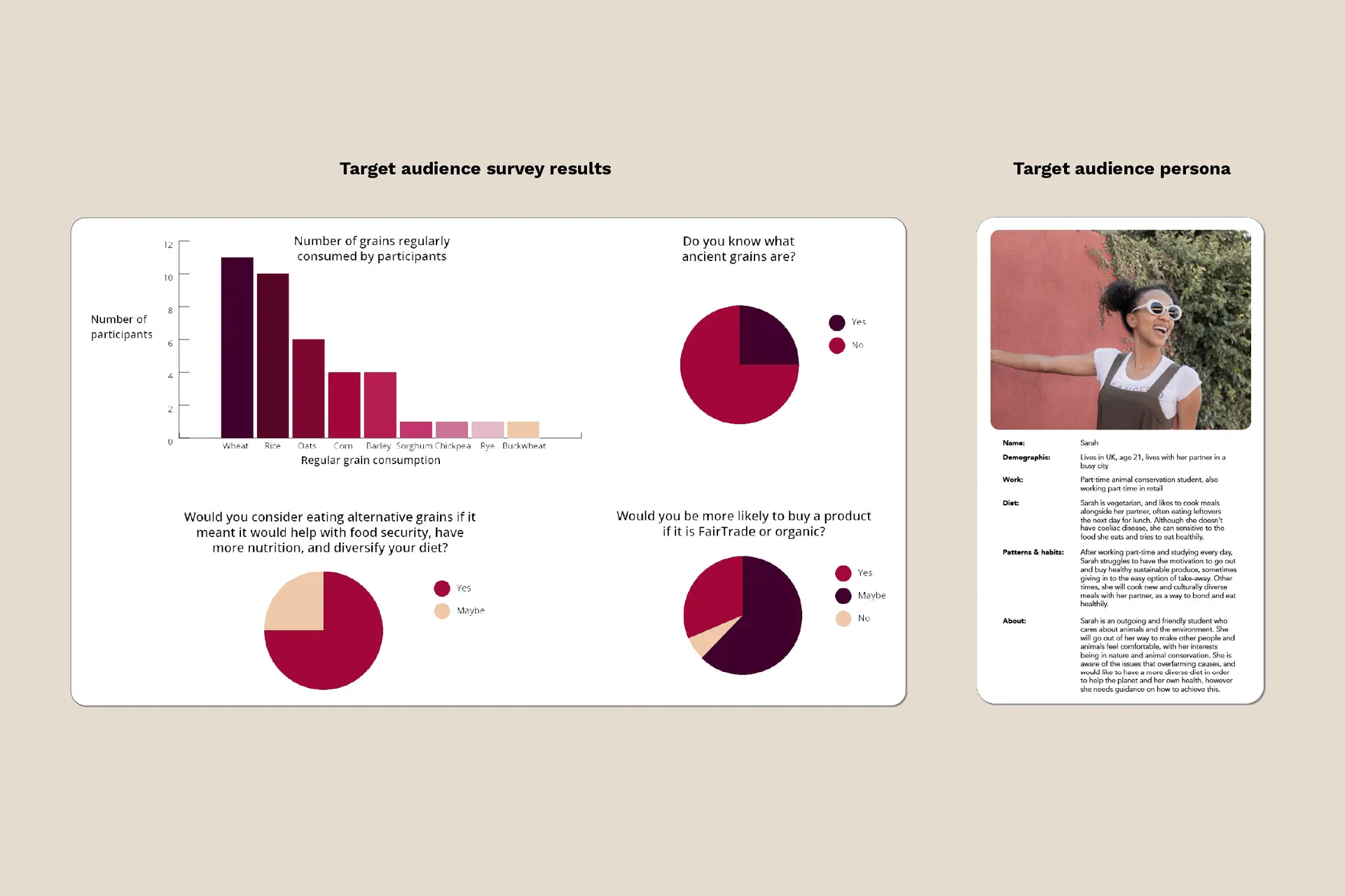 Graph showing target audience survey results, showing that audience rarely ate ancient grains yet had an interest in diversifying diet, next to a target audience persona card