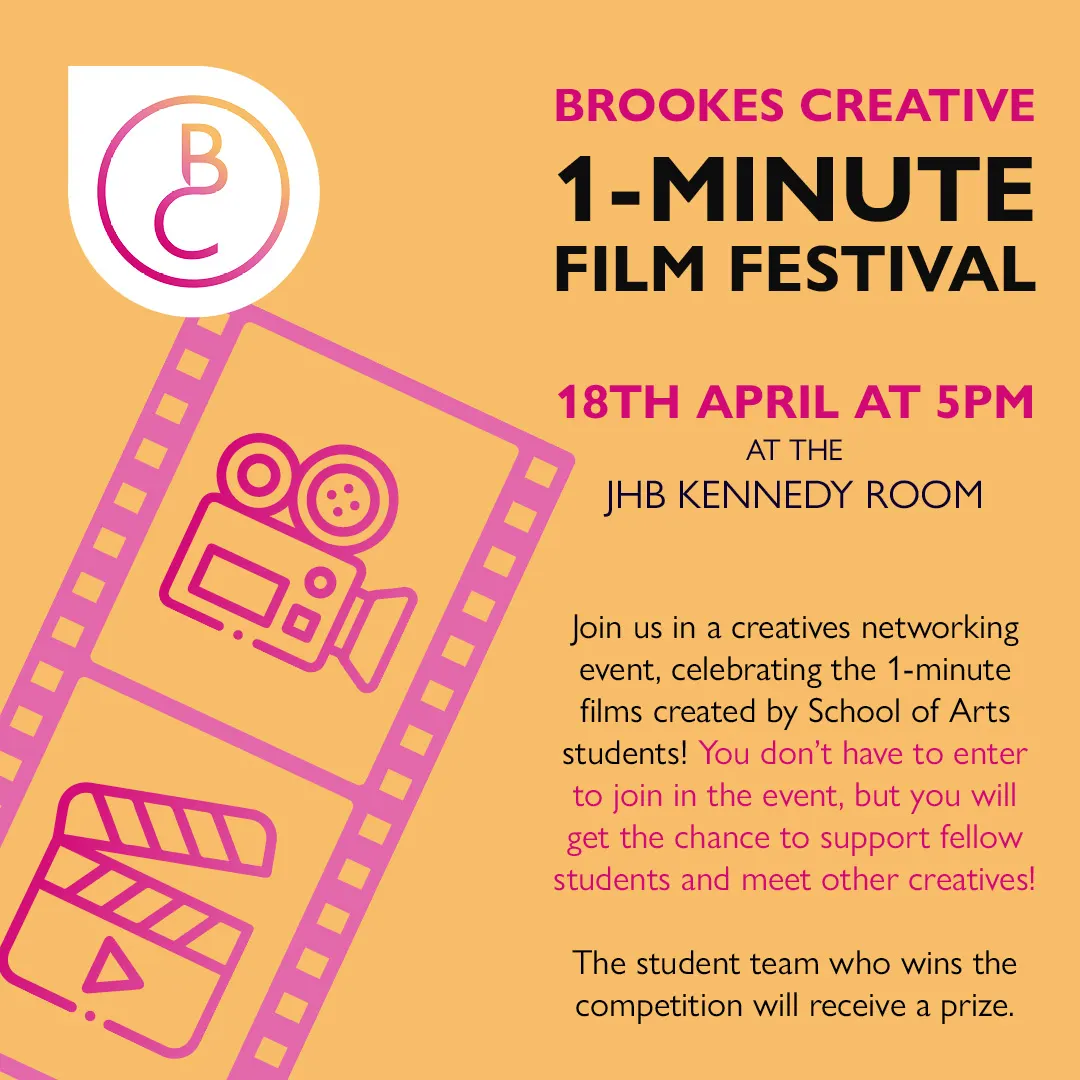 Social media post promoting a film festival event, featuring the Brookes Creative logo and film-related icons on a filmstrip. The text is black and dark pink, with pink icons on a light gold background.