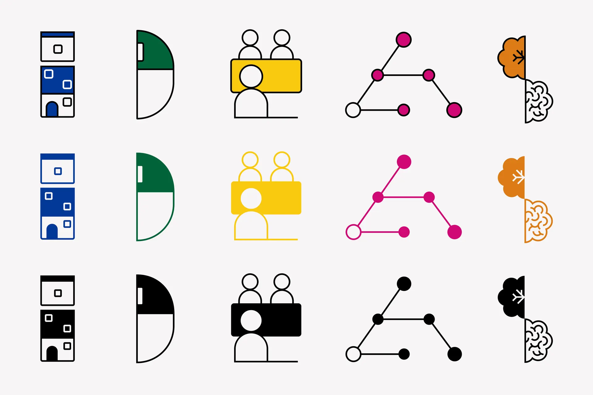 IDEAS icons in 3 styles. The top style has each icon in their own colour with black outlines, the middle has the icons in their colour only with no outlines, and the bottom has all of the icons in just black
