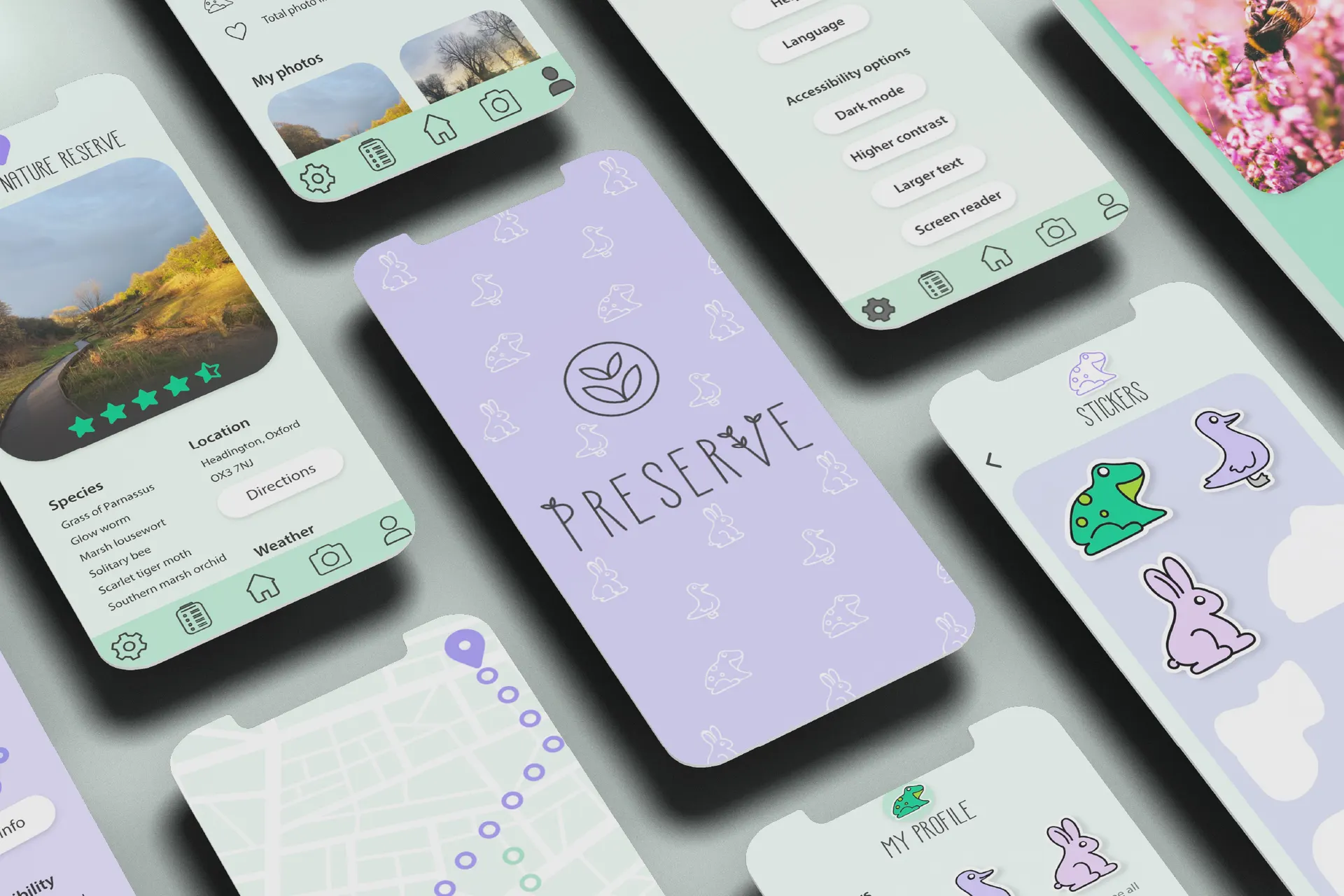 Mockup of a variety of Preserve app screens, including collectible stickers, nature reserve information, map, animal identifier and settings