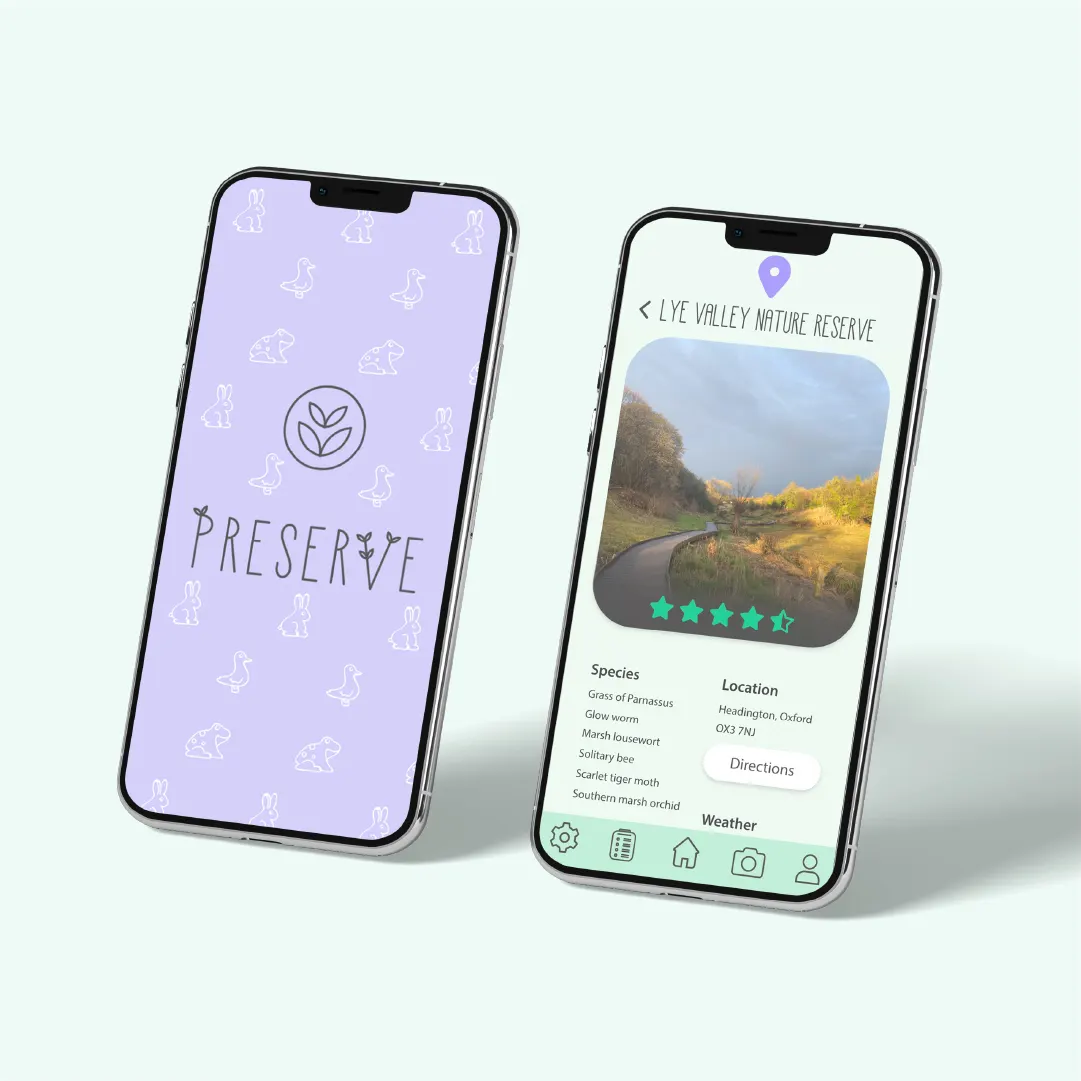 Preserve app screens showing opening logo screen and Lye Valley nature reserve info page