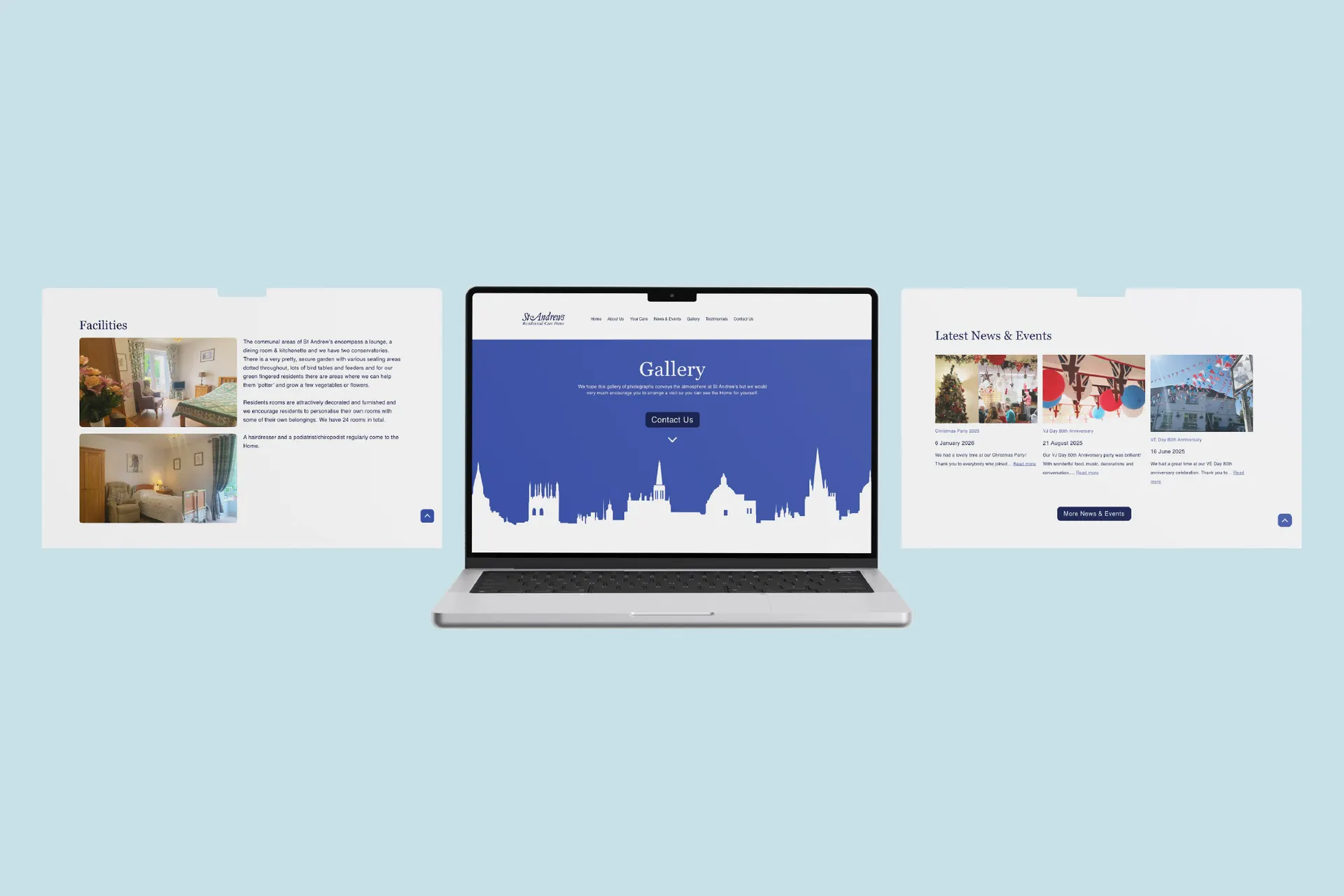 Laptop mockup of St Andrew's website showing 3 screens, of the facilities, gallery page and news and events page