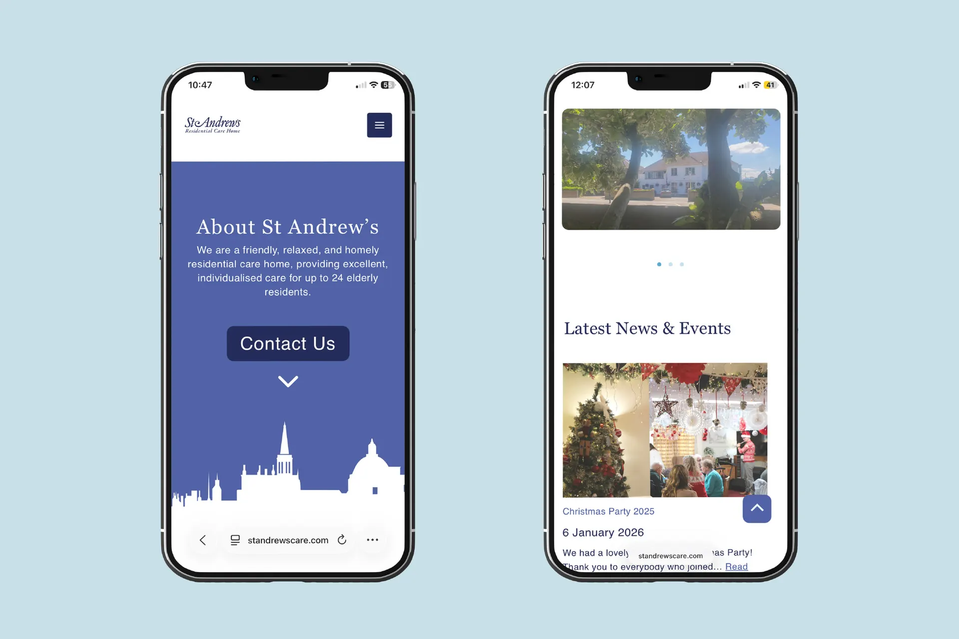 Mobile phone mockup of St Andrew's website showing the About page, and a photo carousel and news and events sections on homepage
