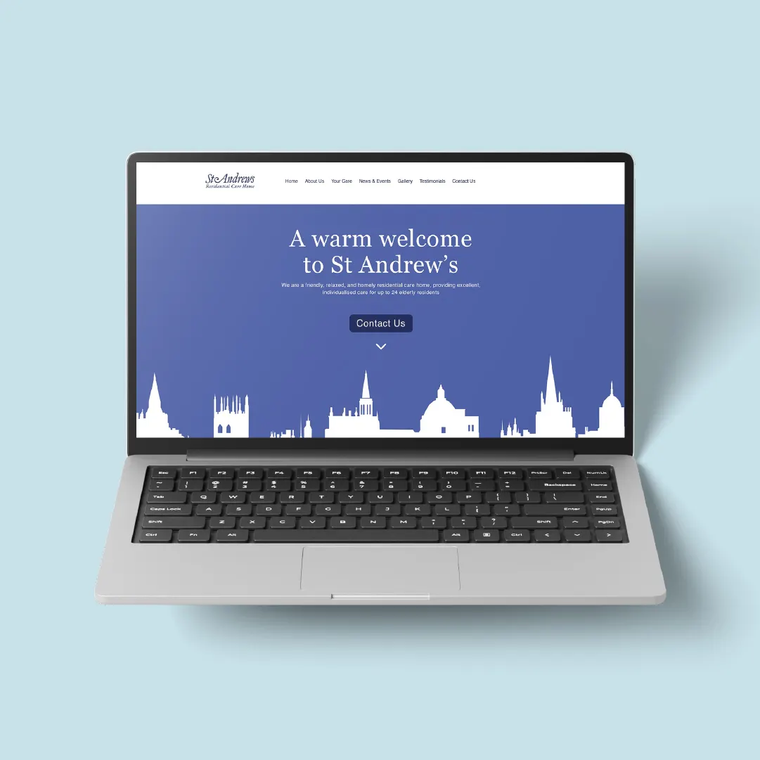 Laptop mockup of St Andrews Care Home website home page, text on website says 'A warm welcome to St Andrew's'