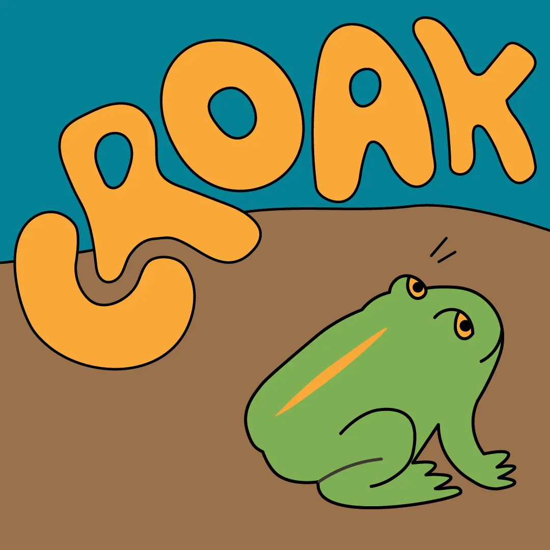Digital illustration of a green toad with black outline underneath the handwritten word 'Croak'