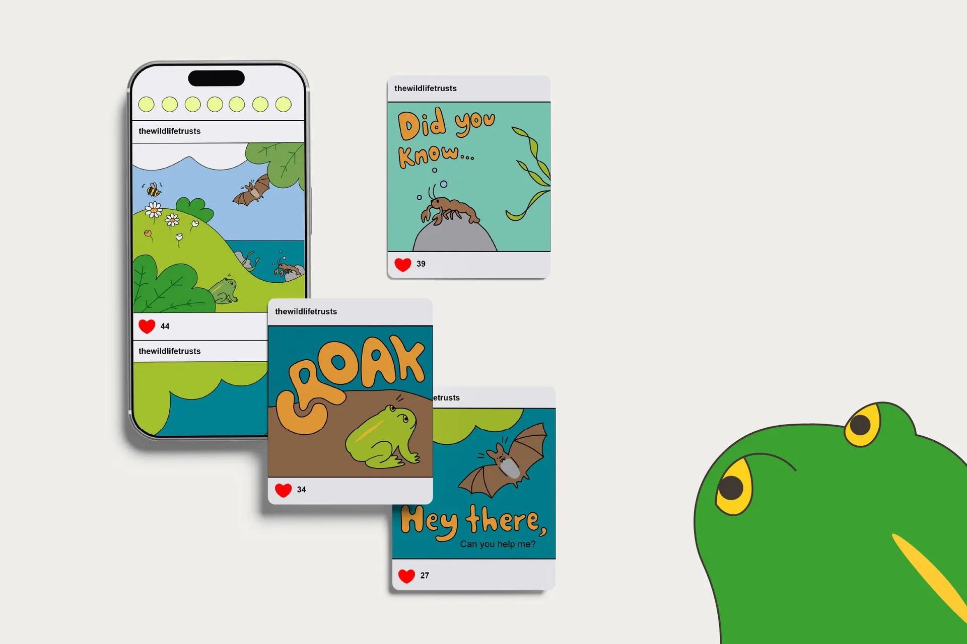Phone mockup showing social media concept for the Wildlife Trusts project, next to a toad illustration