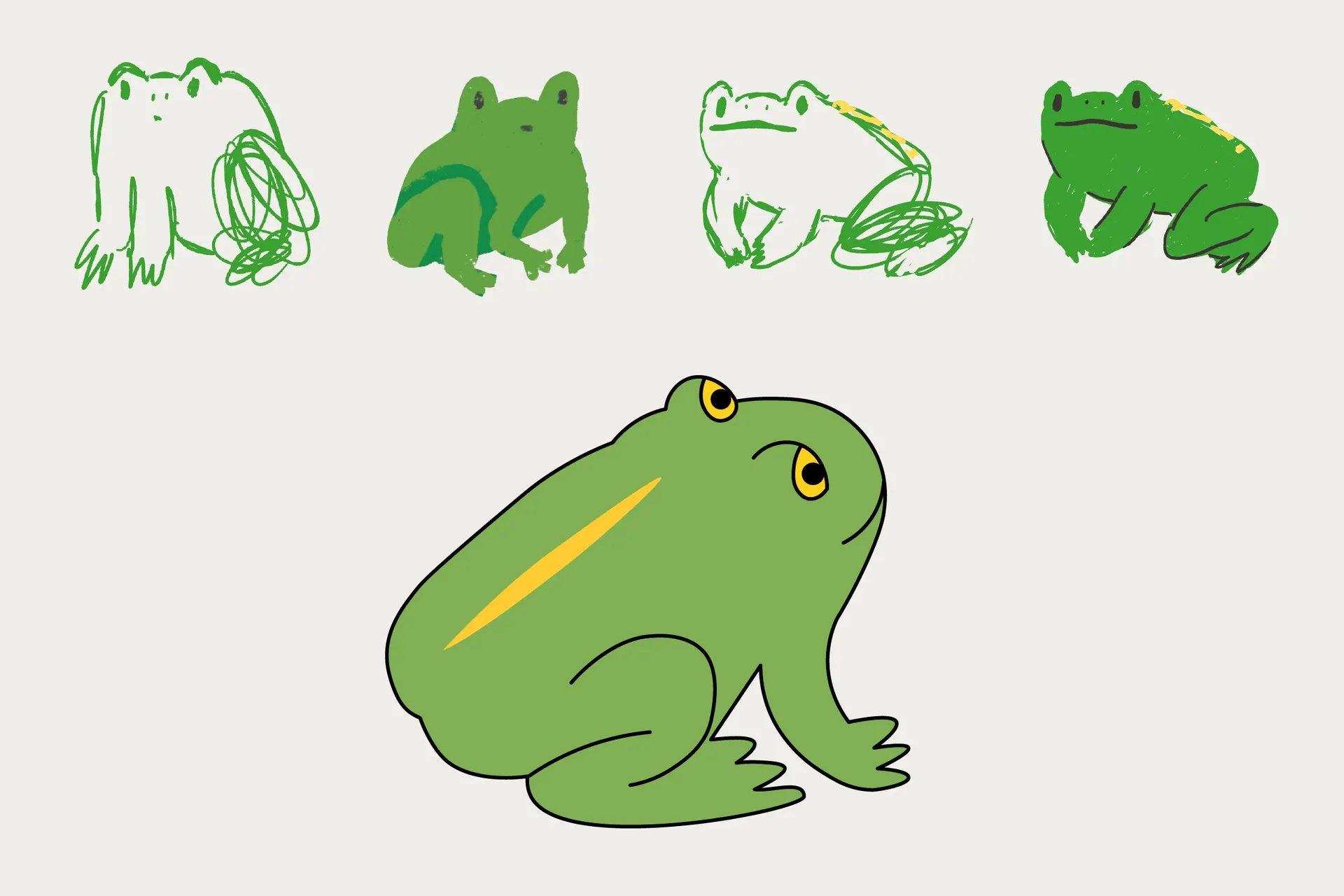 Final digital Natterjack toad illustration, a green smiling toad with a yellow stripe down it's back and black outlines, underneath 4 previous iterations, including rough pencil sketches and coloured illustrations in a different style