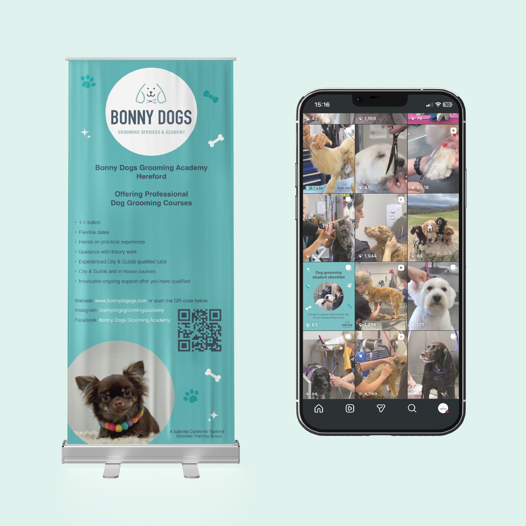 Mockup of a roll-up banner with a turquoise background, Bonny Dogs logo, and a photo of a cute brown chihuaua, next to a phone mockup showing a screenshot of the Academy Instagram page, featuring reels and informative posts