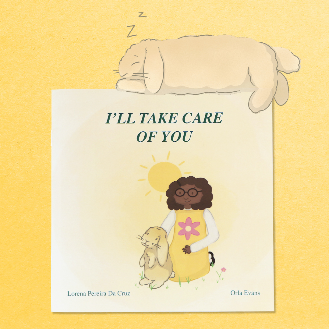 Bunny book cover illustration featuring Honey the rabbit and her owner, with an illustration of Honey sleeping on top of the book