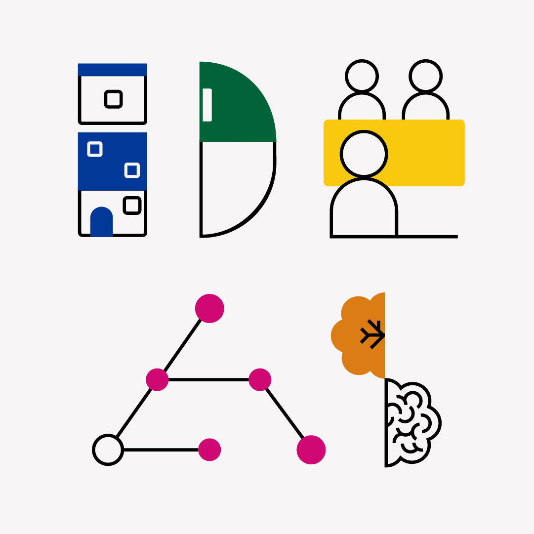 The five IDEAS icons, each in a different Oxford Brookes brand colour
